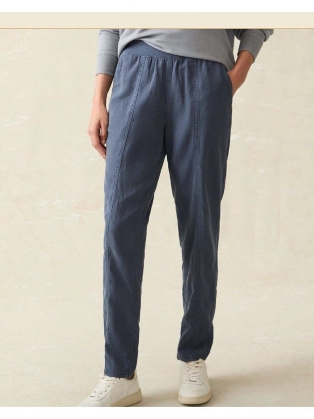Faherty Arlie Pull On Tapered Pants Sz M Grey Tencel Linen Blend Elastic Waist